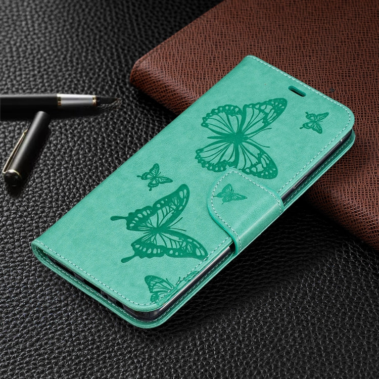 For Galaxy A20s Two Butterflies Embossing Pattern Horizontal Flip Leather Case with Holder & Card Slot & Wallet & Lanyard(Green) by buy2fix