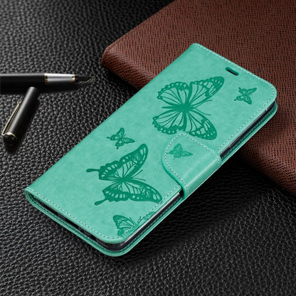 For Galaxy A20s Two Butterflies Embossing Pattern Horizontal Flip Leather Case with Holder & Card Slot & Wallet & Lanyard(Green) by buy2fix