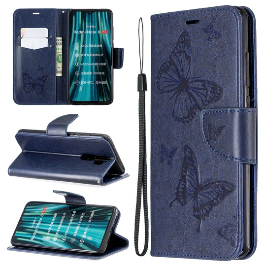 For Xiaomi Redmi Note 8 Pro Two Butterflies Embossing Pattern Horizontal Flip Leather Case with Holder & Card Slot & Wallet & Lanyard(Dark Blue)