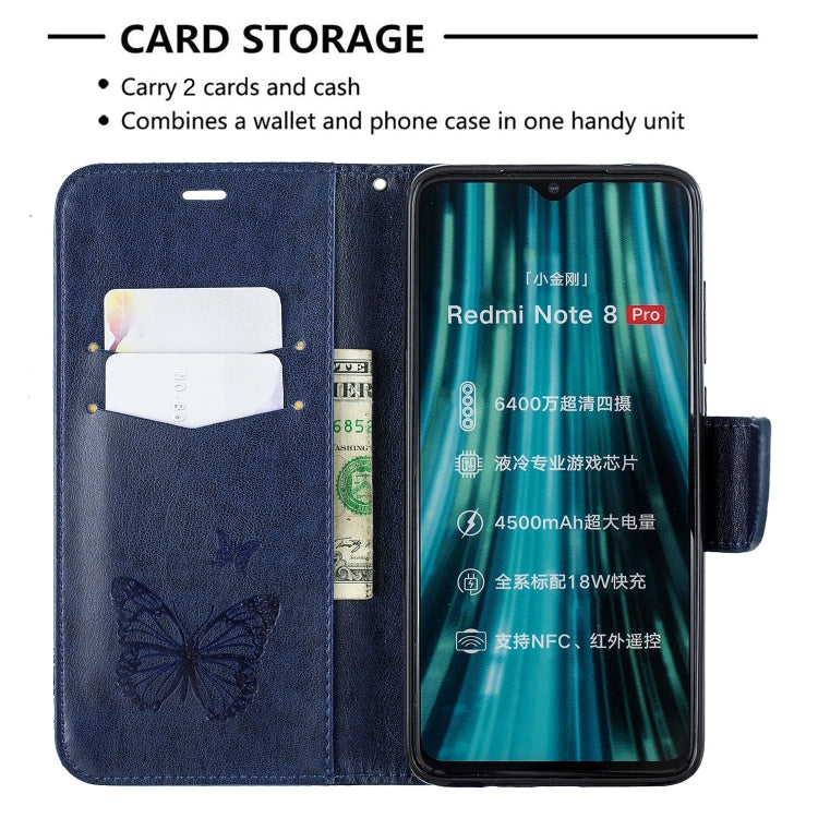 For Xiaomi Redmi Note 8 Pro Two Butterflies Embossing Pattern Horizontal Flip Leather Case with Holder & Card Slot & Wallet & Lanyard(Dark Blue) - Xiaomi Cases by buy2fix | Online Shopping UK | buy2fix