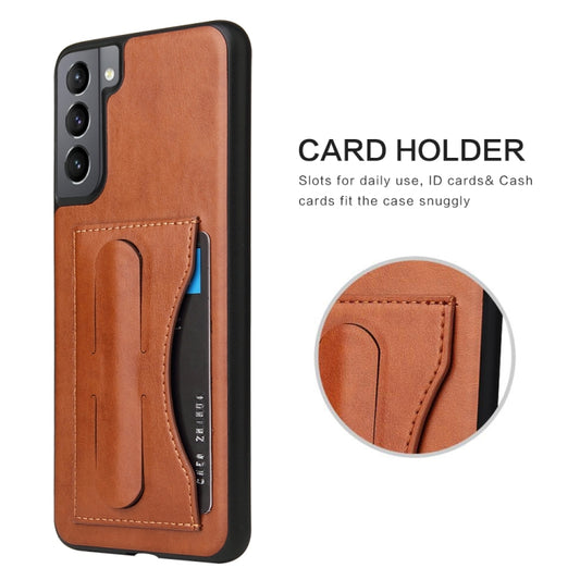 For Samsung Galaxy S21+ 5G Fierre Shann Full Coverage Protective Leather Case with Holder & Card Slot(Brown) - Galaxy S21+ 5G Cases by FIERRE SHANN | Online Shopping UK | buy2fix