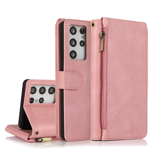 For Samsung Galaxy S21 Ultra 5G Skin-feel Crazy Horse Texture Zipper Wallet Bag Horizontal Flip Leather Case with Holder & Card Slots & Wallet & Lanyard(Rose Gold) - Galaxy S21 Ultra 5G Cases by buy2fix | Online Shopping UK | buy2fix