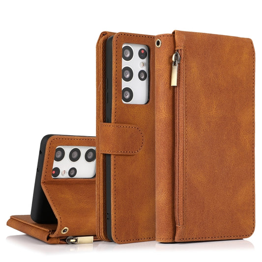For Samsung Galaxy S21 Ultra 5G Skin-feel Crazy Horse Texture Zipper Wallet Bag Horizontal Flip Leather Case with Holder & Card Slots & Wallet & Lanyard(Brown) - Galaxy S21 Ultra 5G Cases by buy2fix | Online Shopping UK | buy2fix