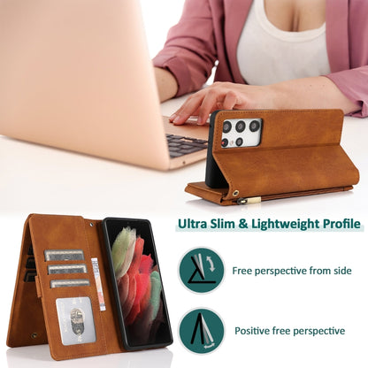 For Samsung Galaxy S21 Ultra 5G Skin-feel Crazy Horse Texture Zipper Wallet Bag Horizontal Flip Leather Case with Holder & Card Slots & Wallet & Lanyard(Brown) - Galaxy S21 Ultra 5G Cases by buy2fix | Online Shopping UK | buy2fix