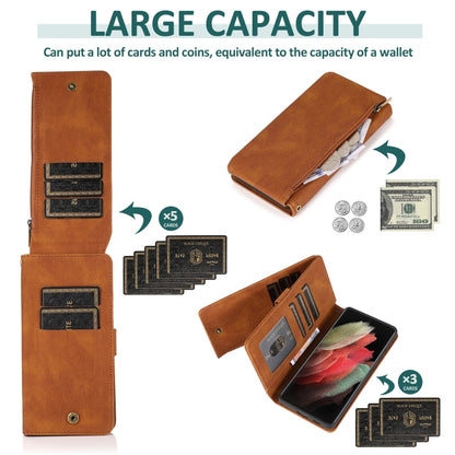 For Samsung Galaxy S21 Ultra 5G Skin-feel Crazy Horse Texture Zipper Wallet Bag Horizontal Flip Leather Case with Holder & Card Slots & Wallet & Lanyard(Brown) - Galaxy S21 Ultra 5G Cases by buy2fix | Online Shopping UK | buy2fix