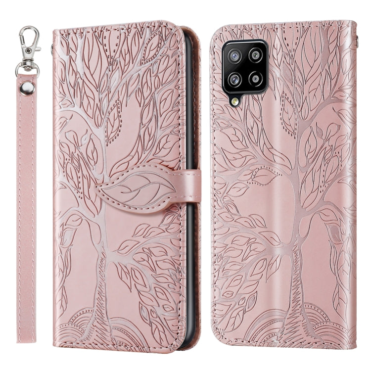 For Samsung Galaxy A12 Life of Tree Embossing Pattern Horizontal Flip Leather Case with Holder & Card Slot & Wallet & Photo Frame & Lanyard(Rose Gold) by buy2fix