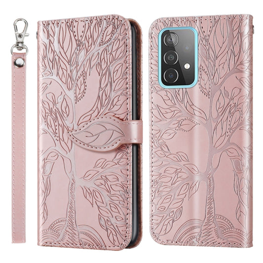 For Samsung Galaxy A52 5G / 4G Life of Tree Embossing Pattern Horizontal Flip Leather Case with Holder & Card Slot & Wallet & Photo Frame & Lanyard(Rose Gold) by buy2fix