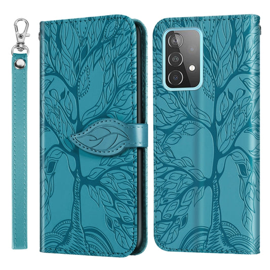For Samsung Galaxy A52 5G / 4G Life of Tree Embossing Pattern Horizontal Flip Leather Case with Holder & Card Slot & Wallet & Photo Frame & Lanyard(Lake Blue) by buy2fix