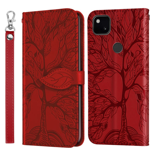 For Google Pixel 4a Life of Tree Embossing Pattern Horizontal Flip Leather Case with Holder & Card Slot & Wallet & Photo Frame & Lanyard(Red) - Google Cases by buy2fix | Online Shopping UK | buy2fix