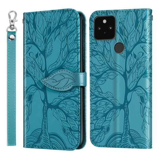 For Google Pixel 5 Life of Tree Embossing Pattern Horizontal Flip Leather Case with Holder & Card Slot & Wallet & Photo Frame & Lanyard(Blue) - Google Cases by buy2fix | Online Shopping UK | buy2fix