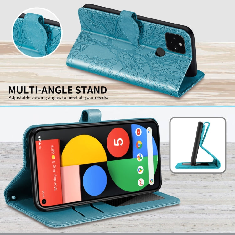 For Google Pixel 5 Life of Tree Embossing Pattern Horizontal Flip Leather Case with Holder & Card Slot & Wallet & Photo Frame & Lanyard(Blue) - Google Cases by buy2fix | Online Shopping UK | buy2fix