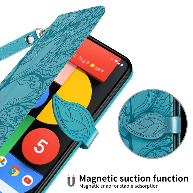 For Google Pixel 5 Life of Tree Embossing Pattern Horizontal Flip Leather Case with Holder & Card Slot & Wallet & Photo Frame & Lanyard(Blue) - Google Cases by buy2fix | Online Shopping UK | buy2fix
