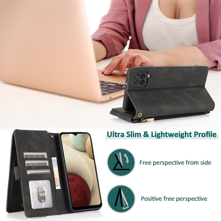 For Samsung Galaxy A12 Skin-feel Crazy Horse Texture Zipper Wallet Bag Horizontal Flip Leather Case with Holder & Card Slots & Wallet & Lanyard(Black) by buy2fix