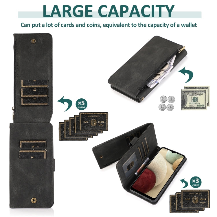 For Samsung Galaxy A12 Skin-feel Crazy Horse Texture Zipper Wallet Bag Horizontal Flip Leather Case with Holder & Card Slots & Wallet & Lanyard(Black) by buy2fix