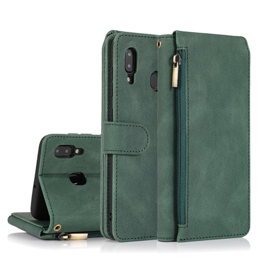 For Samsung Galaxy A20 / A30 Skin-feel Crazy Horse Texture Zipper Wallet Bag Horizontal Flip Leather Case with Holder & Card Slots & Wallet & Lanyard(Dark Green) by buy2fix