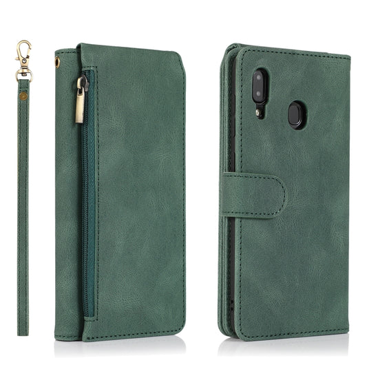 For Samsung Galaxy A20 / A30 Skin-feel Crazy Horse Texture Zipper Wallet Bag Horizontal Flip Leather Case with Holder & Card Slots & Wallet & Lanyard(Dark Green) by buy2fix
