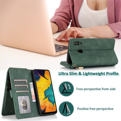 For Samsung Galaxy A20 / A30 Skin-feel Crazy Horse Texture Zipper Wallet Bag Horizontal Flip Leather Case with Holder & Card Slots & Wallet & Lanyard(Dark Green) by buy2fix
