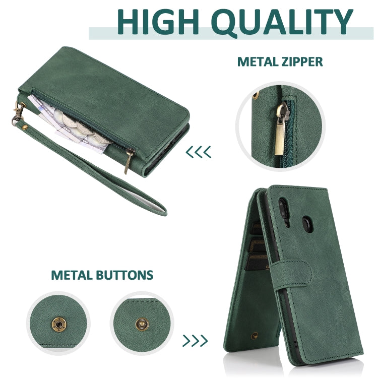 For Samsung Galaxy A20 / A30 Skin-feel Crazy Horse Texture Zipper Wallet Bag Horizontal Flip Leather Case with Holder & Card Slots & Wallet & Lanyard(Dark Green) by buy2fix