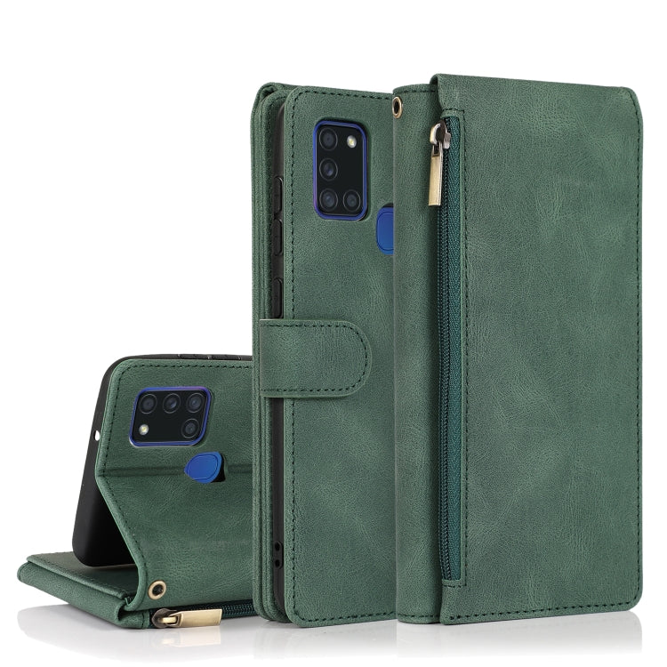 For Samsung Galaxy A21s Skin-feel Crazy Horse Texture Zipper Wallet Bag Horizontal Flip Leather Case with Holder & Card Slots & Wallet & Lanyard(Dark Green) by buy2fix