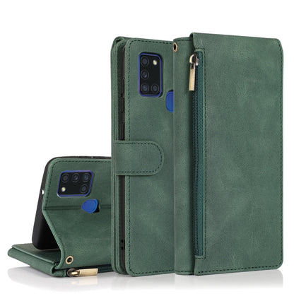 For Samsung Galaxy A21s Skin-feel Crazy Horse Texture Zipper Wallet Bag Horizontal Flip Leather Case with Holder & Card Slots & Wallet & Lanyard(Dark Green) by buy2fix