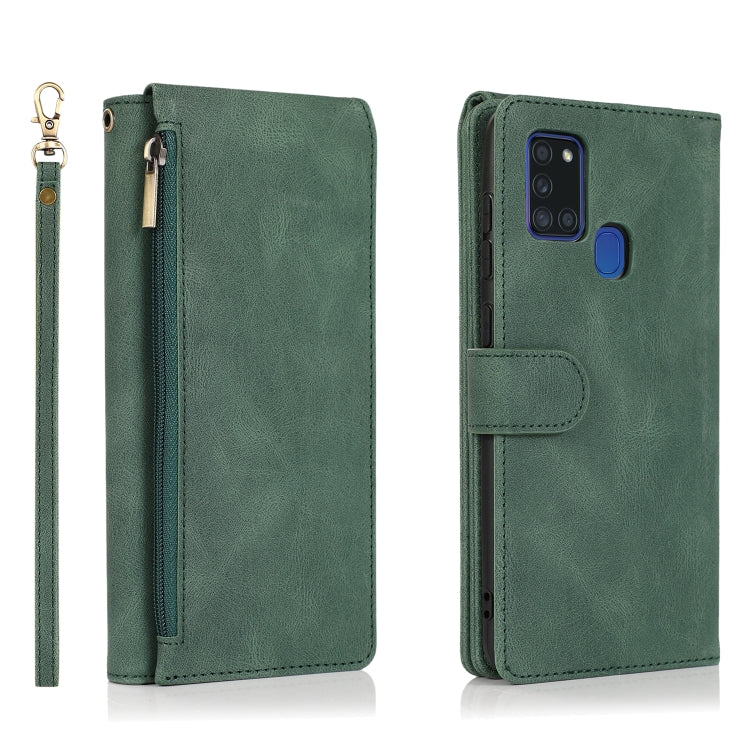 For Samsung Galaxy A21s Skin-feel Crazy Horse Texture Zipper Wallet Bag Horizontal Flip Leather Case with Holder & Card Slots & Wallet & Lanyard(Dark Green) by buy2fix