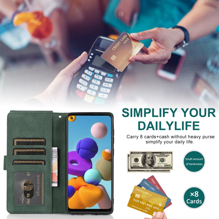 For Samsung Galaxy A21s Skin-feel Crazy Horse Texture Zipper Wallet Bag Horizontal Flip Leather Case with Holder & Card Slots & Wallet & Lanyard(Dark Green) by buy2fix