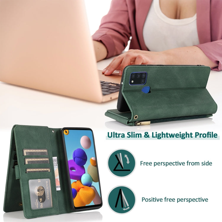 For Samsung Galaxy A21s Skin-feel Crazy Horse Texture Zipper Wallet Bag Horizontal Flip Leather Case with Holder & Card Slots & Wallet & Lanyard(Dark Green) by buy2fix