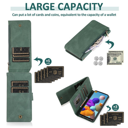 For Samsung Galaxy A21s Skin-feel Crazy Horse Texture Zipper Wallet Bag Horizontal Flip Leather Case with Holder & Card Slots & Wallet & Lanyard(Dark Green) by buy2fix
