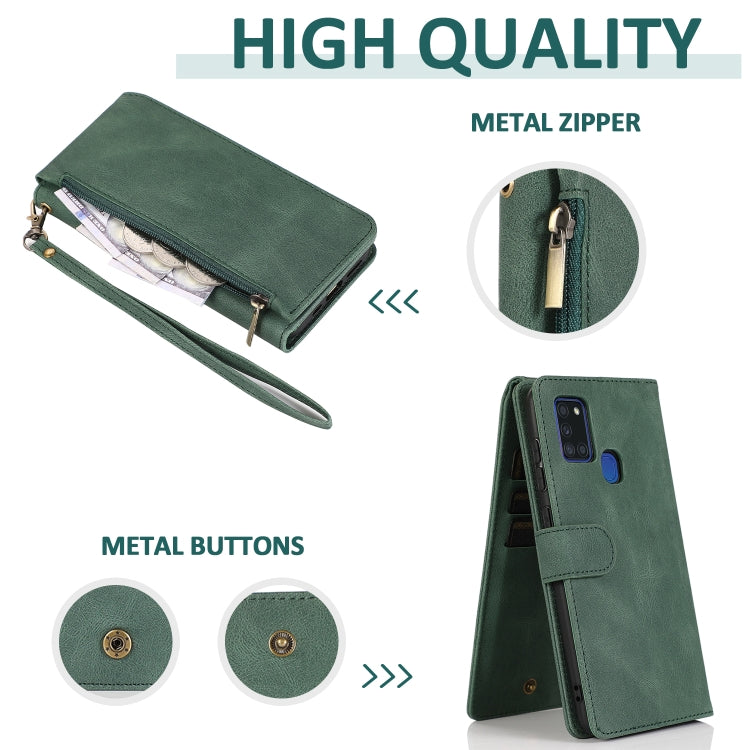 For Samsung Galaxy A21s Skin-feel Crazy Horse Texture Zipper Wallet Bag Horizontal Flip Leather Case with Holder & Card Slots & Wallet & Lanyard(Dark Green) by buy2fix