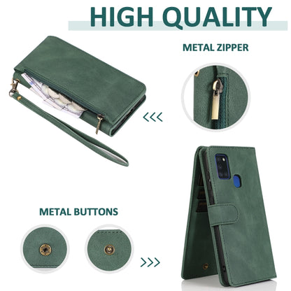 For Samsung Galaxy A21s Skin-feel Crazy Horse Texture Zipper Wallet Bag Horizontal Flip Leather Case with Holder & Card Slots & Wallet & Lanyard(Dark Green) by buy2fix