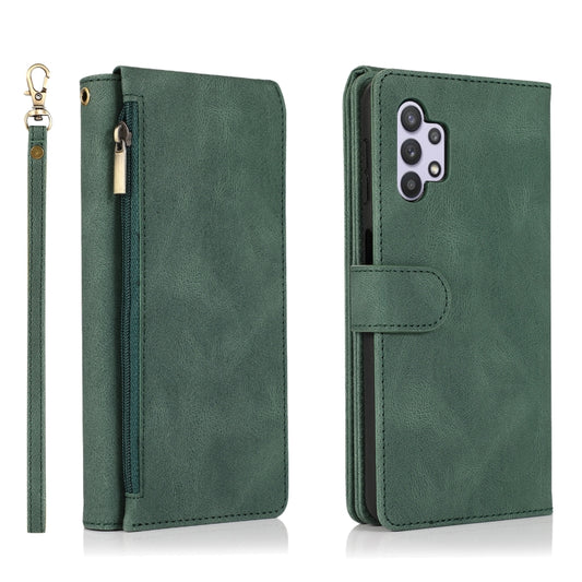 For Samsung Galaxy A32 5G Skin-feel Crazy Horse Texture Zipper Wallet Bag Horizontal Flip Leather Case with Holder & Card Slots & Wallet & Lanyard(Dark Green) by buy2fix