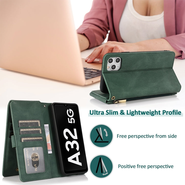 For Samsung Galaxy A32 5G Skin-feel Crazy Horse Texture Zipper Wallet Bag Horizontal Flip Leather Case with Holder & Card Slots & Wallet & Lanyard(Dark Green) by buy2fix
