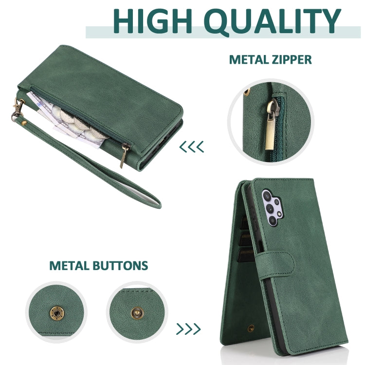 For Samsung Galaxy A32 5G Skin-feel Crazy Horse Texture Zipper Wallet Bag Horizontal Flip Leather Case with Holder & Card Slots & Wallet & Lanyard(Dark Green) by buy2fix