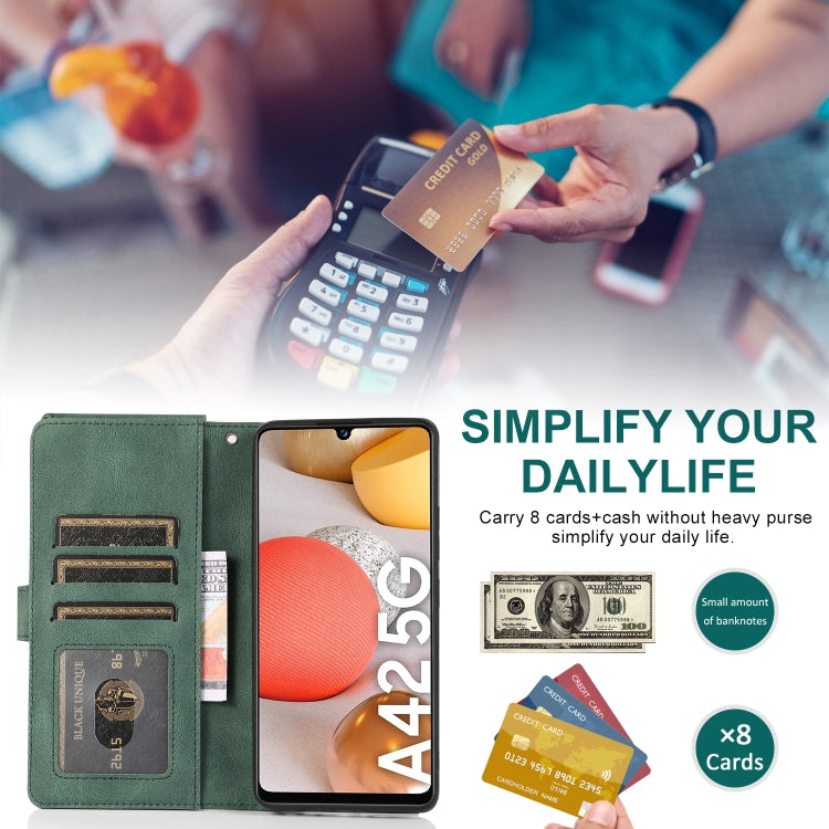 For Samsung Galaxy A42 5G Skin-feel Crazy Horse Texture Zipper Wallet Bag Horizontal Flip Leather Case with Holder & Card Slots & Wallet & Lanyard(Dark Green) by buy2fix