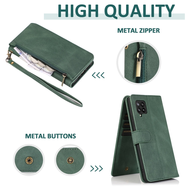 For Samsung Galaxy A42 5G Skin-feel Crazy Horse Texture Zipper Wallet Bag Horizontal Flip Leather Case with Holder & Card Slots & Wallet & Lanyard(Dark Green) by buy2fix