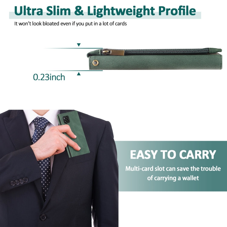 For Samsung Galaxy A42 5G Skin-feel Crazy Horse Texture Zipper Wallet Bag Horizontal Flip Leather Case with Holder & Card Slots & Wallet & Lanyard(Dark Green) by buy2fix