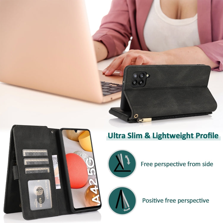 For Samsung Galaxy A42 5G Skin-feel Crazy Horse Texture Zipper Wallet Bag Horizontal Flip Leather Case with Holder & Card Slots & Wallet & Lanyard(Black) by buy2fix