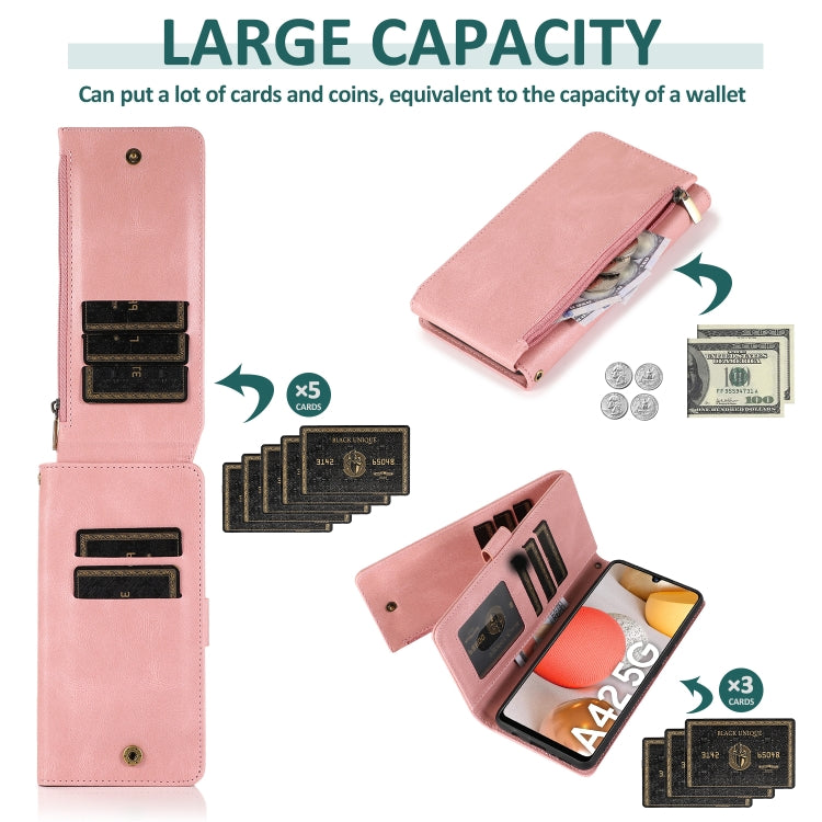 For Samsung Galaxy A42 5G Skin-feel Crazy Horse Texture Zipper Wallet Bag Horizontal Flip Leather Case with Holder & Card Slots & Wallet & Lanyard(Rose Gold) by buy2fix