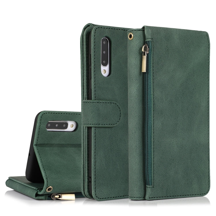 For Samsung Galaxy A50 Skin-feel Crazy Horse Texture Zipper Wallet Bag Horizontal Flip Leather Case with Holder & Card Slots & Wallet & Lanyard(Dark Green) by buy2fix