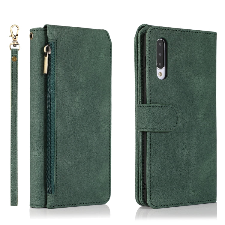 For Samsung Galaxy A50 Skin-feel Crazy Horse Texture Zipper Wallet Bag Horizontal Flip Leather Case with Holder & Card Slots & Wallet & Lanyard(Dark Green) by buy2fix