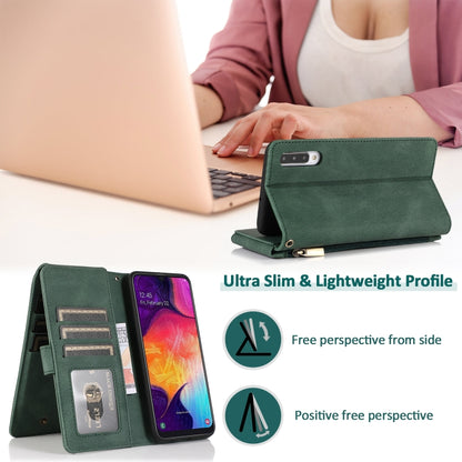 For Samsung Galaxy A50 Skin-feel Crazy Horse Texture Zipper Wallet Bag Horizontal Flip Leather Case with Holder & Card Slots & Wallet & Lanyard(Dark Green) by buy2fix