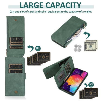 For Samsung Galaxy A50 Skin-feel Crazy Horse Texture Zipper Wallet Bag Horizontal Flip Leather Case with Holder & Card Slots & Wallet & Lanyard(Dark Green) by buy2fix