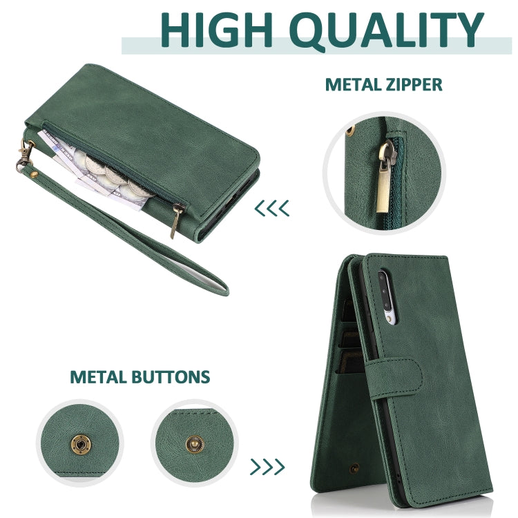 For Samsung Galaxy A50 Skin-feel Crazy Horse Texture Zipper Wallet Bag Horizontal Flip Leather Case with Holder & Card Slots & Wallet & Lanyard(Dark Green) by buy2fix