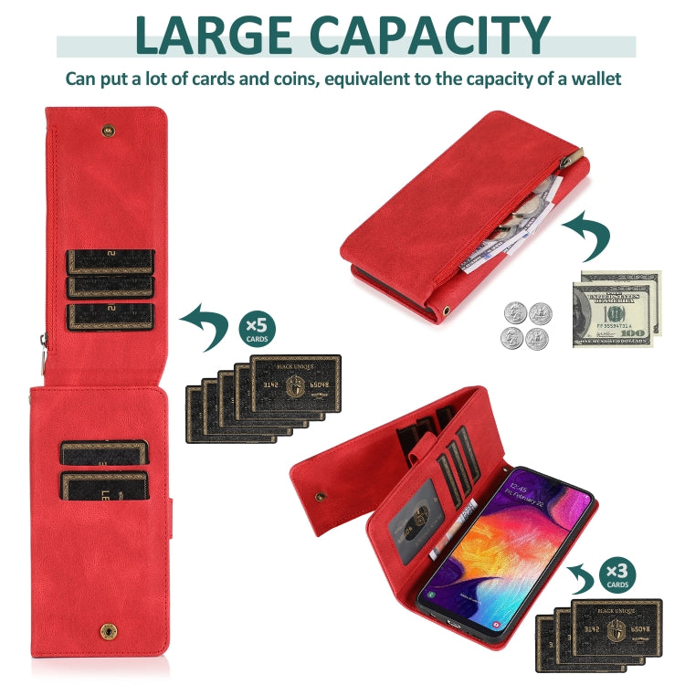 For Samsung Galaxy A50 Skin-feel Crazy Horse Texture Zipper Wallet Bag Horizontal Flip Leather Case with Holder & Card Slots & Wallet & Lanyard(Red) by buy2fix