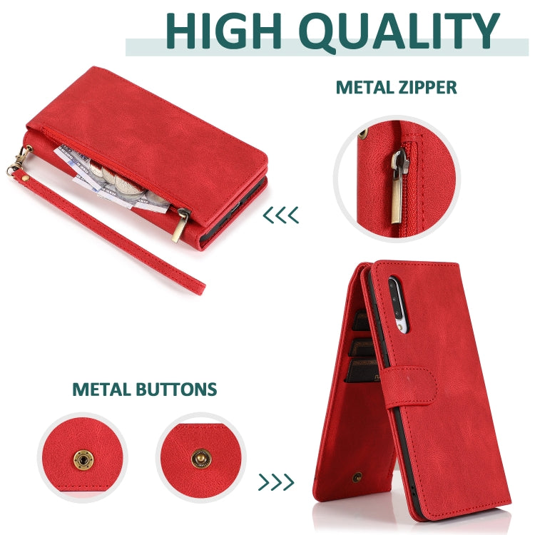 For Samsung Galaxy A50 Skin-feel Crazy Horse Texture Zipper Wallet Bag Horizontal Flip Leather Case with Holder & Card Slots & Wallet & Lanyard(Red) by buy2fix