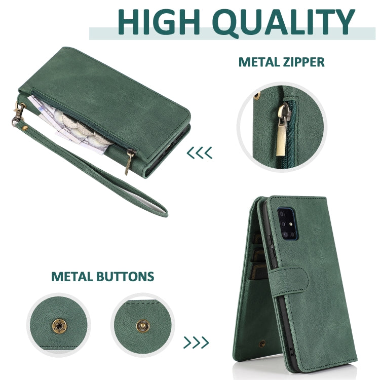 For Samsung Galaxy A51 5G Skin-feel Crazy Horse Texture Zipper Wallet Bag Horizontal Flip Leather Case with Holder & Card Slots & Wallet & Lanyard(Dark Green) by buy2fix
