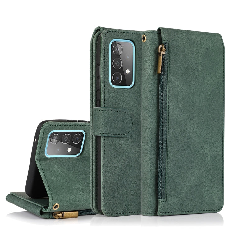 For Samsung Galaxy A52 5G Skin-feel Crazy Horse Texture Zipper Wallet Bag Horizontal Flip Leather Case with Holder & Card Slots & Wallet & Lanyard(Dark Green) by buy2fix