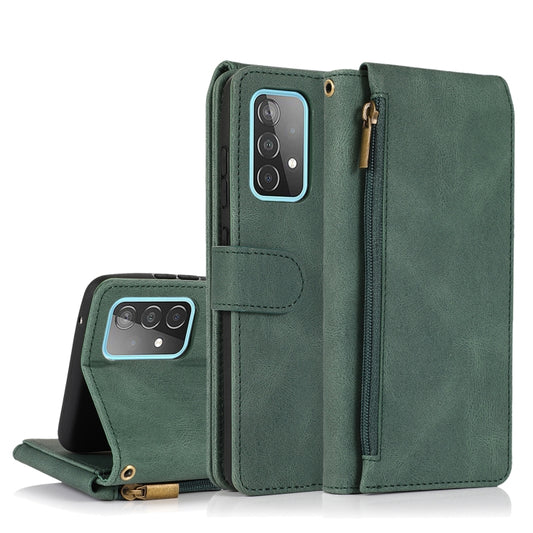 For Samsung Galaxy A52 5G Skin-feel Crazy Horse Texture Zipper Wallet Bag Horizontal Flip Leather Case with Holder & Card Slots & Wallet & Lanyard(Dark Green) by buy2fix
