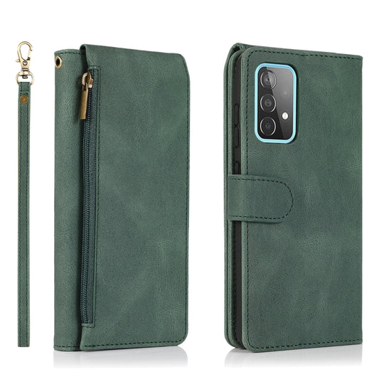 For Samsung Galaxy A52 5G Skin-feel Crazy Horse Texture Zipper Wallet Bag Horizontal Flip Leather Case with Holder & Card Slots & Wallet & Lanyard(Dark Green) by buy2fix