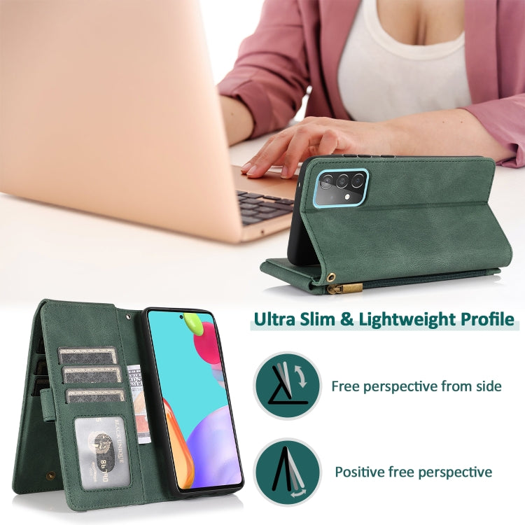 For Samsung Galaxy A52 5G Skin-feel Crazy Horse Texture Zipper Wallet Bag Horizontal Flip Leather Case with Holder & Card Slots & Wallet & Lanyard(Dark Green) by buy2fix